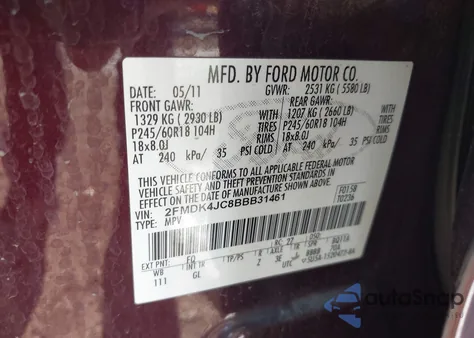 2011 Ford Edge Sel из США, поврежденный, VIN 2FMDK4JC8BBB31461